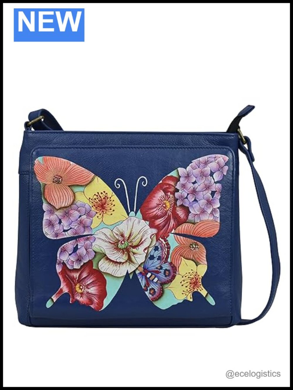 Hand-Painted Genuine Leather Organizer Crossbody with Floral Butterfly Mosaic